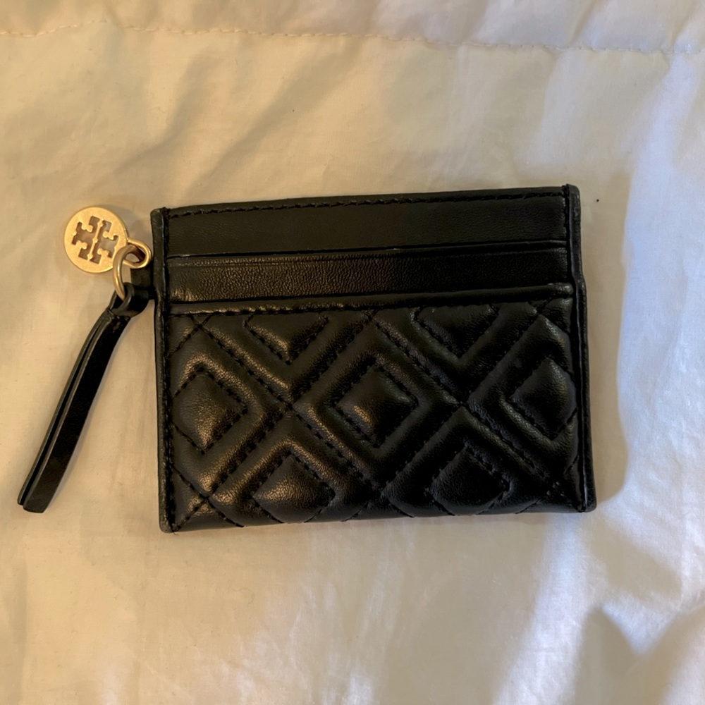 Tory Burch black leather quilted card holder